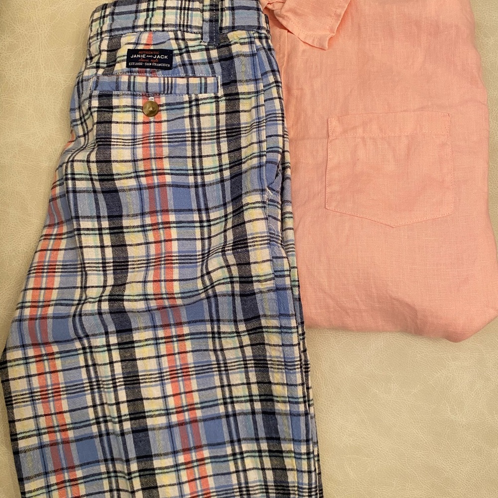 Janie and Jack Plaid Pants and Pink Shirt Set